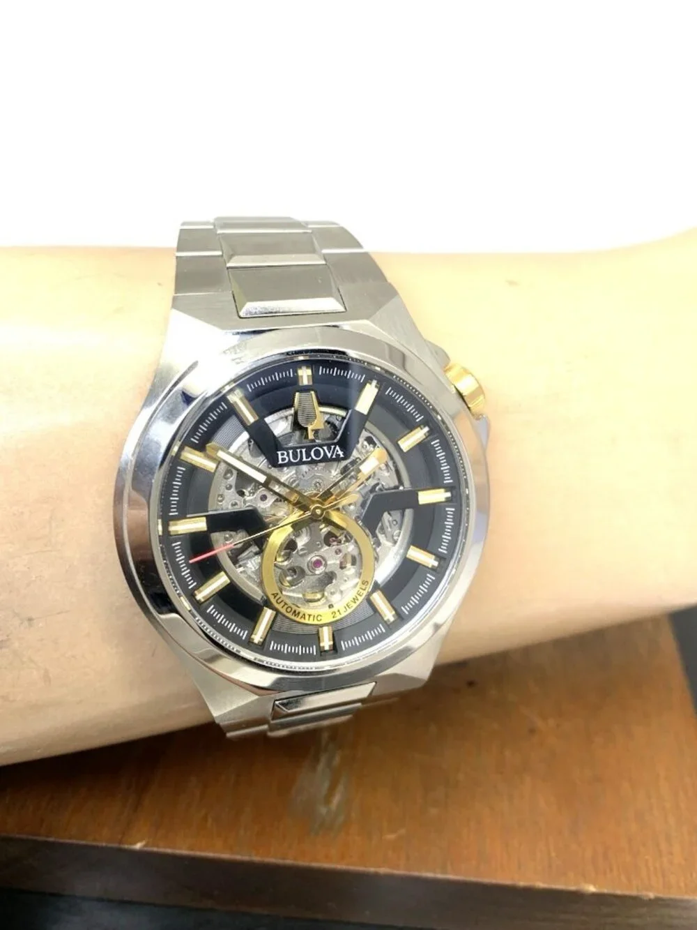 Bulova Maquina Mens Watch 98A224 Automatic Black Skeleton Dial Silver Steel 46mm